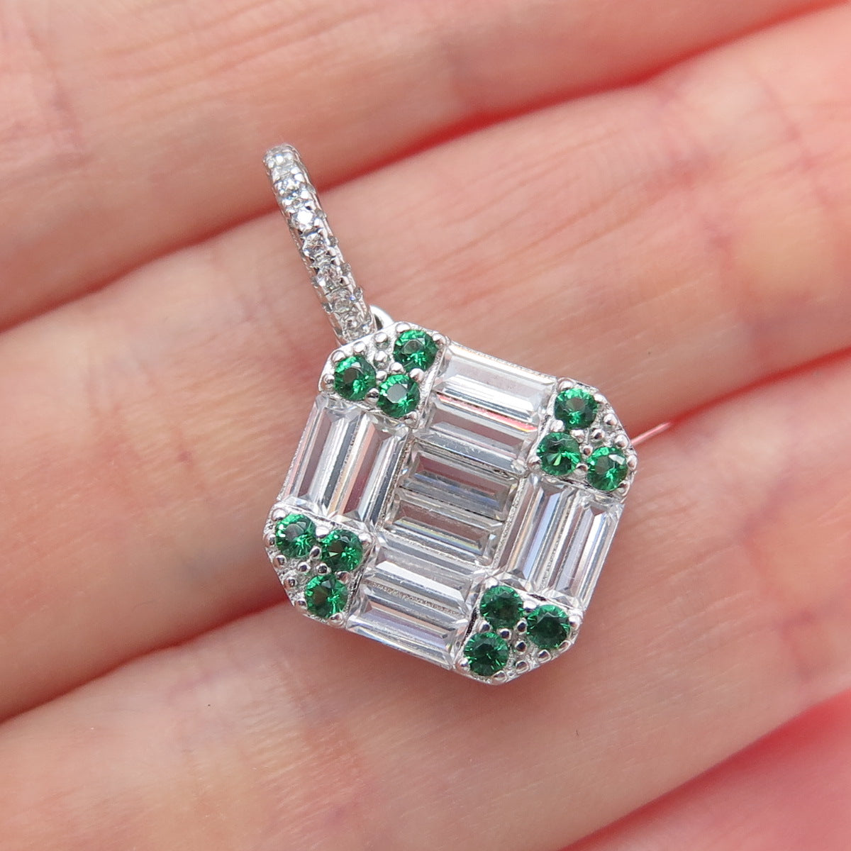 925 Sterling Silver Real Round-Cut Chrome Diopside & Baguette-Cut C Z Pendant