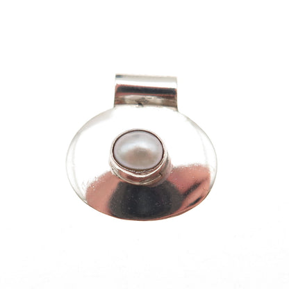 925 Sterling Silver Vintage Real Pearl Modernist Disc Slide Charm Pendant