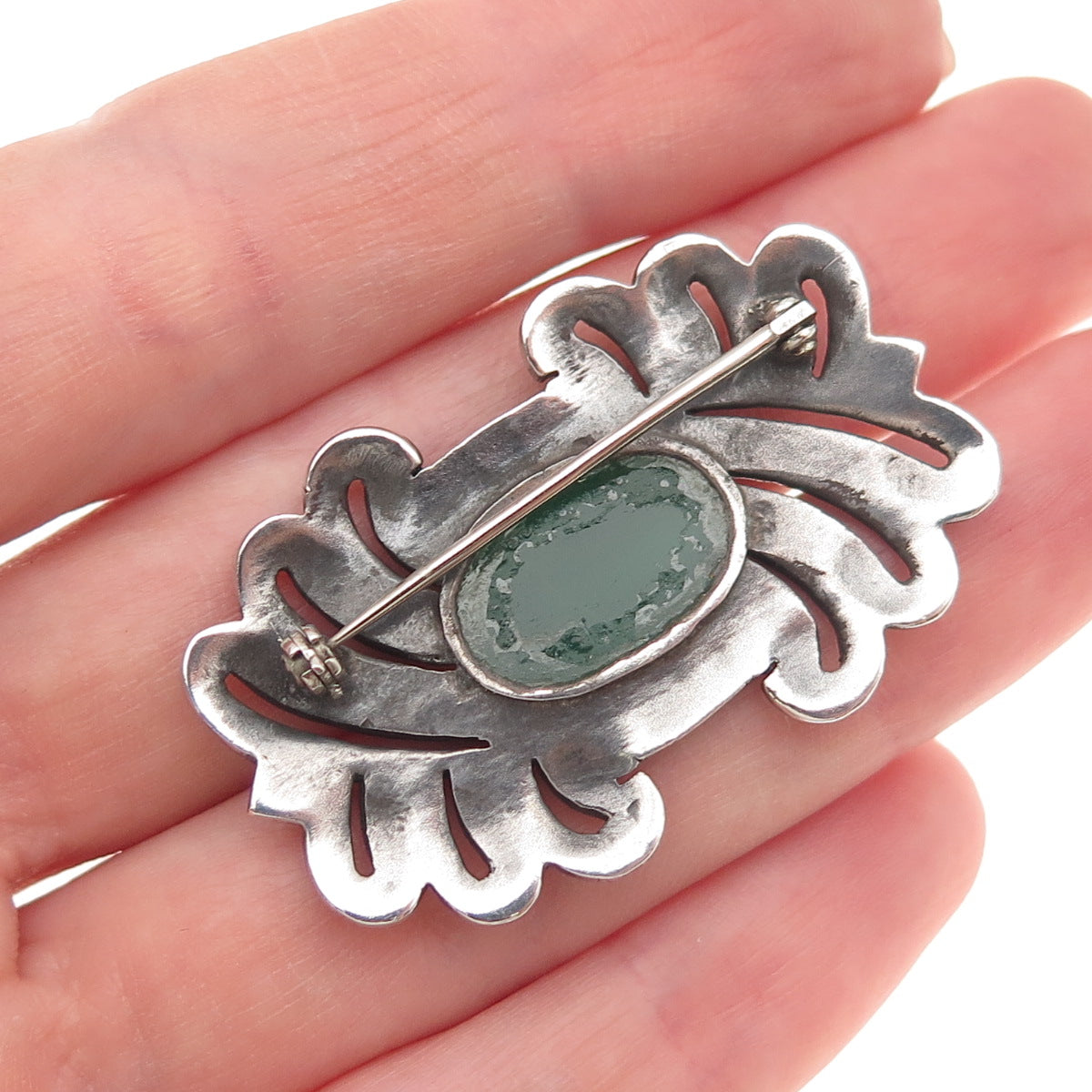 925 Sterling Antique Art Deco Real Black & Green Onyx Marcasite Pin Brooch