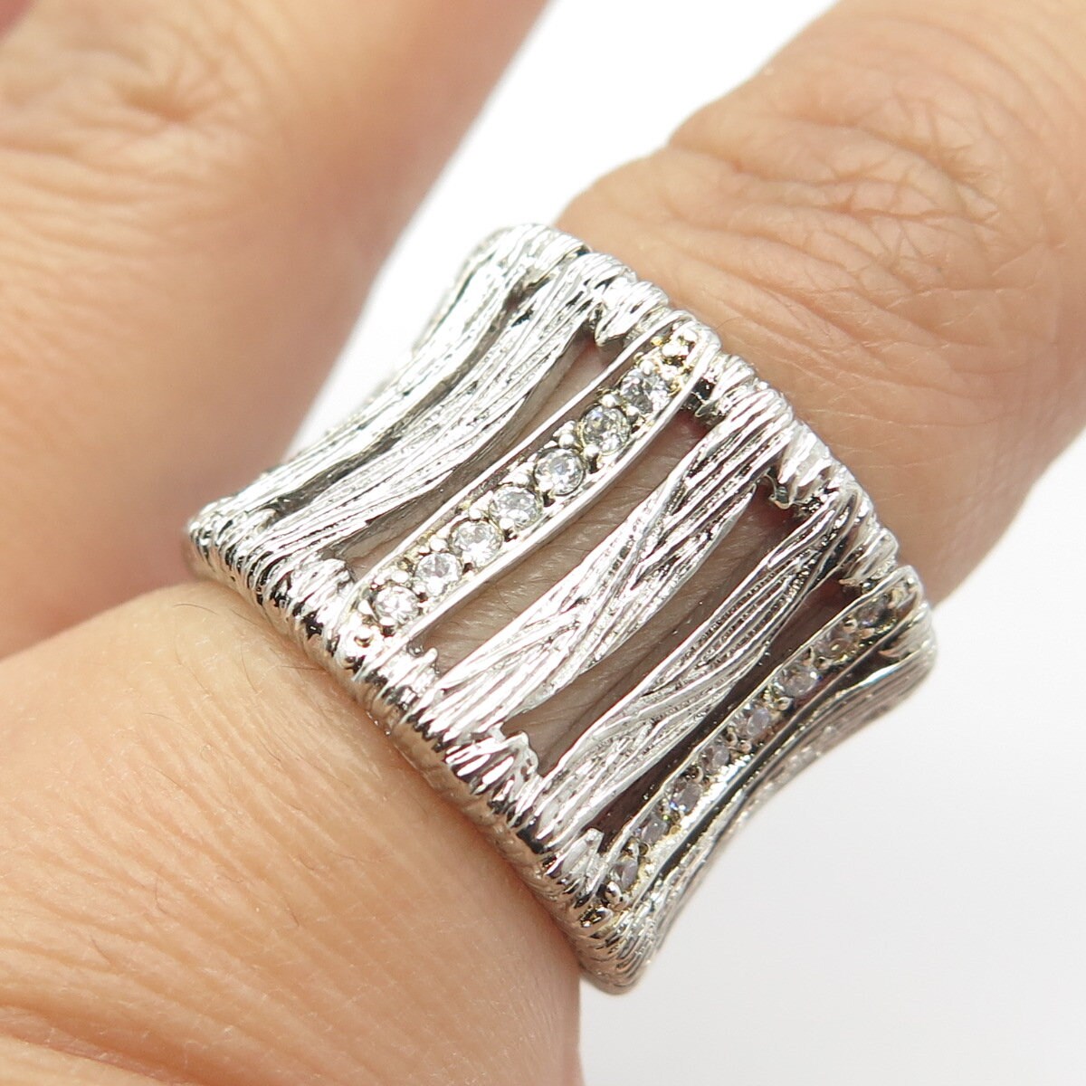 925 Sterling Silver Vintage C Z Wide Band Ring Size 7.25