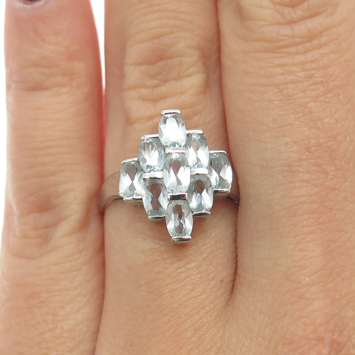 CHAPAL ZENRAY 925 Sterling Silver Real Light Blue Topaz Cluster Ring Size 6.75