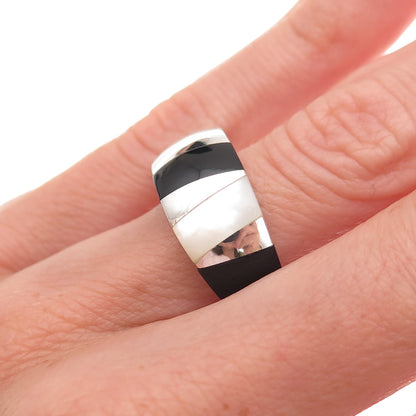 CNA Pranda 925 Sterling Silver Vintage Real Black Onyx & MOP Mosaic Ring Size 6