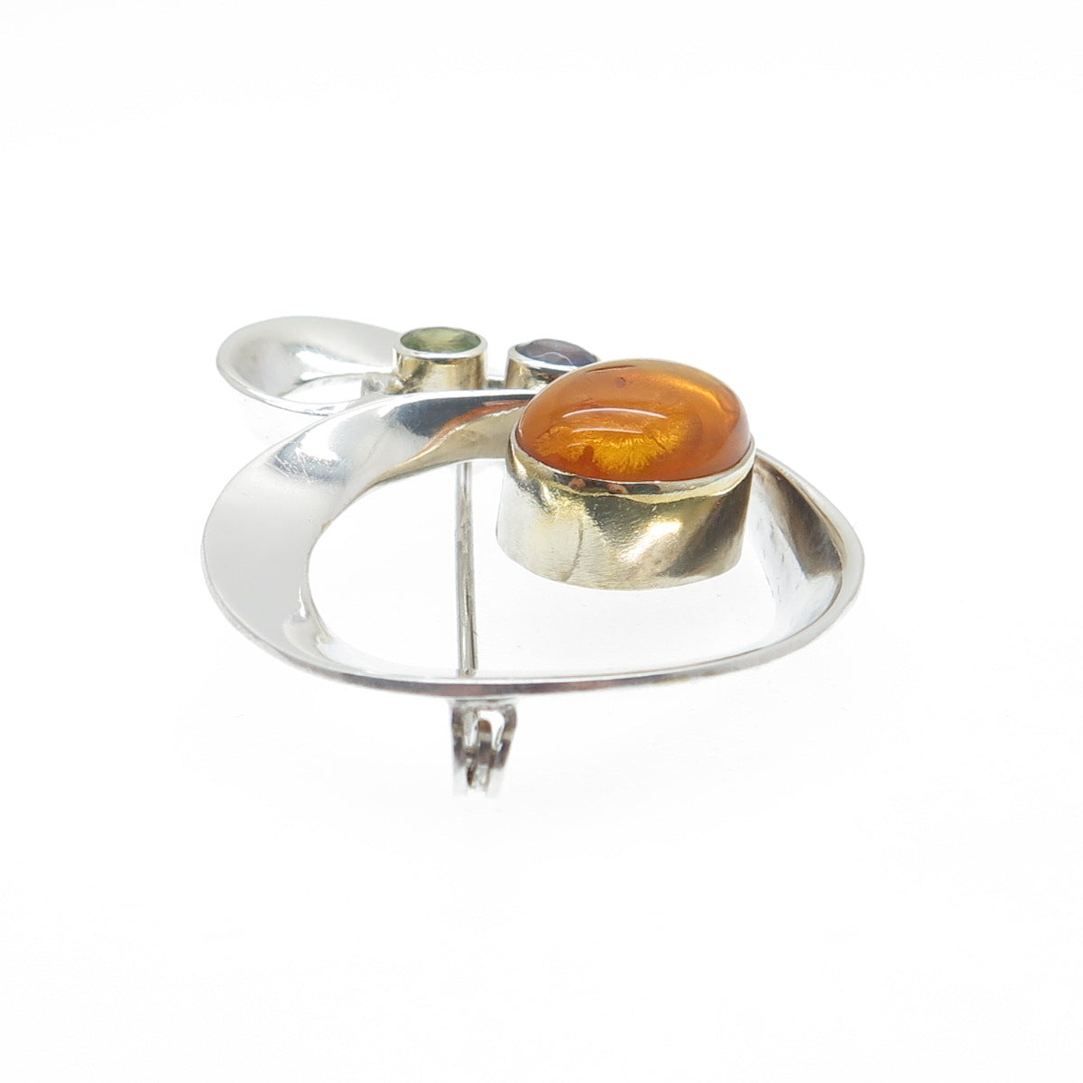 MICHOU 925 Sterling Silver Vintage Real Amber Iolite & Peridot Modernist Brooch
