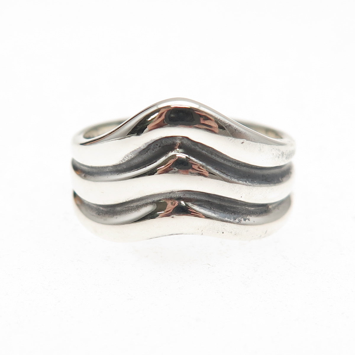 925 Sterling Silver Vintage Modernist Ribbed Wave Oxidized Ring Size 8
