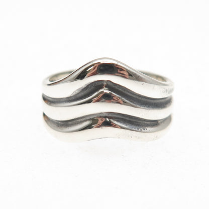 925 Sterling Silver Vintage Modernist Ribbed Wave Oxidized Ring Size 8