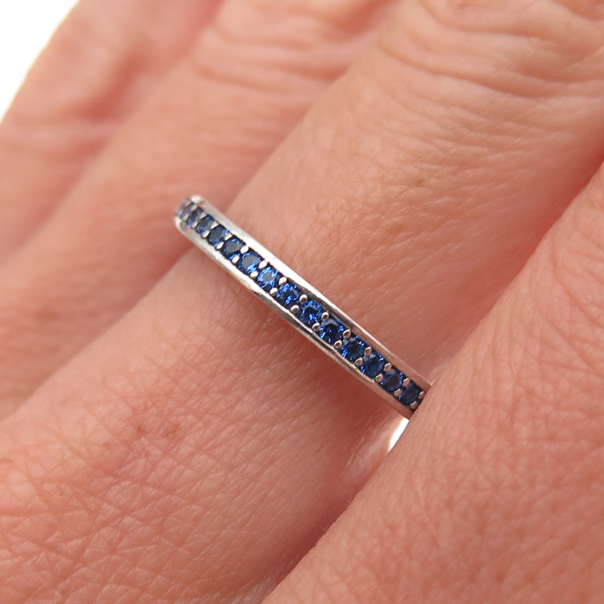 Pandora 925 Sterling Silver Enamel & Blue C Z Radiant Hearts Band Ring Size 7
