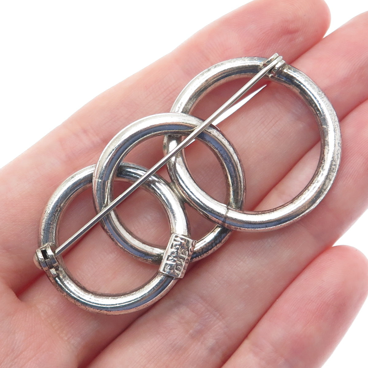925 Sterling Silver Vintage Mexico Interlocked Circles Modernist Pin Brooch