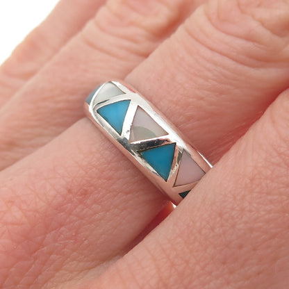 Silver Cloud Old Pawn 925 Sterling Vintage Turquoise & MOP Band Ring Size 7.5