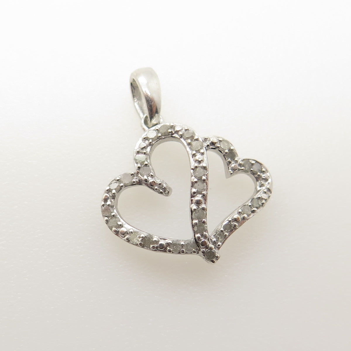 925 Sterling Silver Real Round-Cut Diamond Double Open Heart Pendant