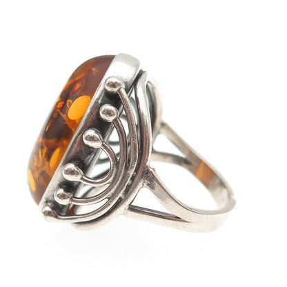 925 Sterling Silver Vintage Real Amber Modernist Oxidized Ring Size 6.75