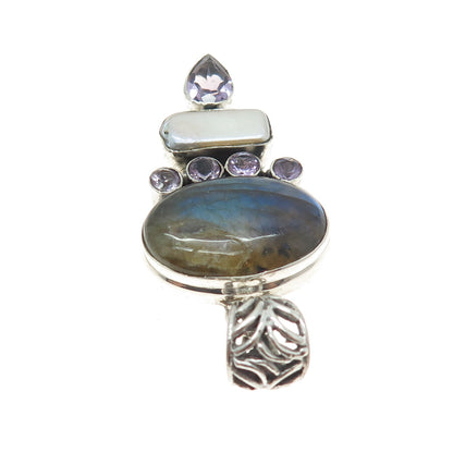 925 Sterling Silver Vintage Real Amethyst Baroque Pearl & Labradorite Pendant