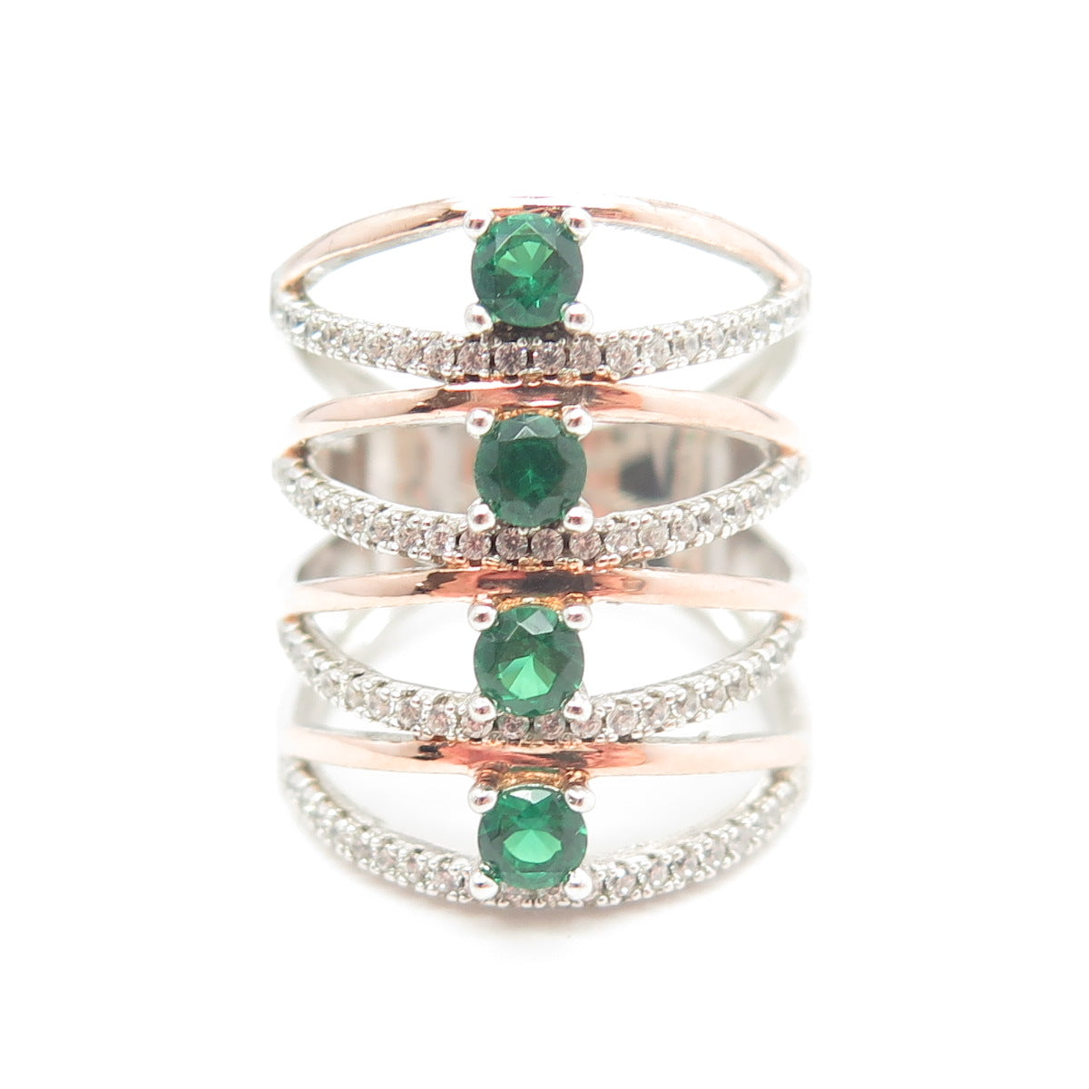 925 Sterling Silver 2-Tone Chrome Diopside & C Z Multi-Row Wide Ring Size 6