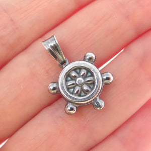 925 Sterling Silver Vintage Italy Helm Ship Wheel Oxidized Mini Charm Pendant