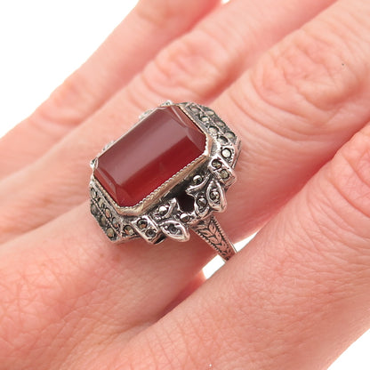 925 Sterling Antique Real Carnelian & Marcasite Ring Size 6.5 (missing 4 stones)