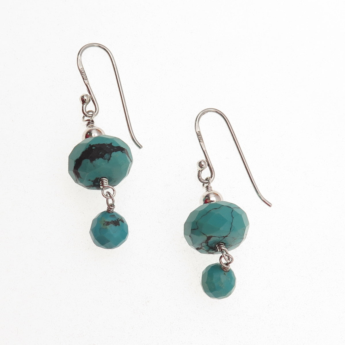 SX Sally C 925 Sterling Silver Vintage Real Turquoise Beaded Dangle Earrings