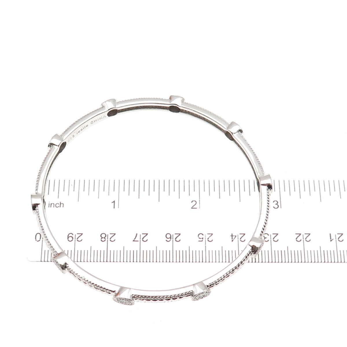 Leslie 925 Sterling Silver Real Round-Cut Diamond Station Bangle Bracelet 8.25"