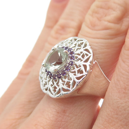 ROSS SIMONS 925 Sterling Silver Real Aquamarine & Amethyst Flower Ring Size 7.25