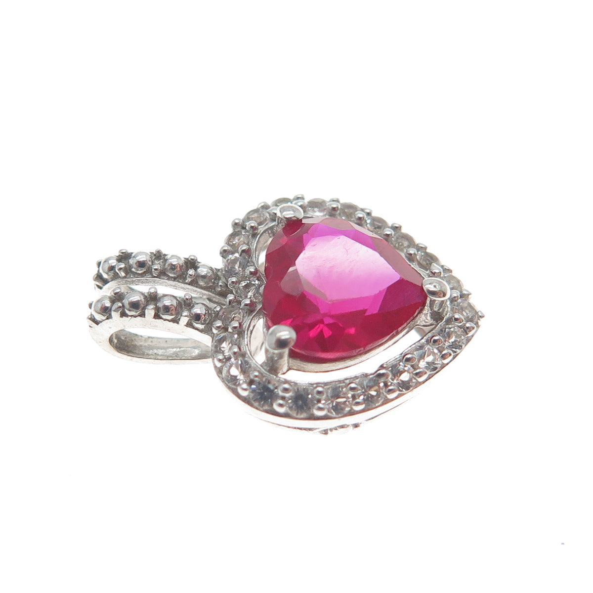 925 Sterling Silver Real White Topaz Gem & Heart-Cut Lab-Created Ruby Pendant