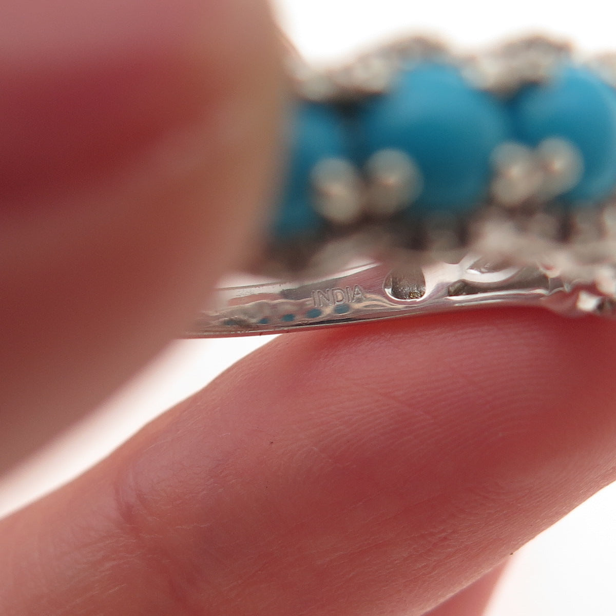 925 Sterling Silver Real Sleeping Beauty Turquoise & White Topaz Ring Size 8