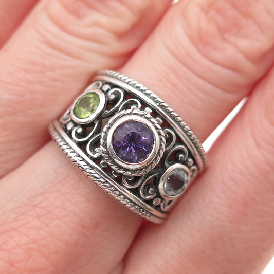 Pranda Sterling Silver Vintage Real Amethyst Peridot & Blue Topaz Ring Size 7.25