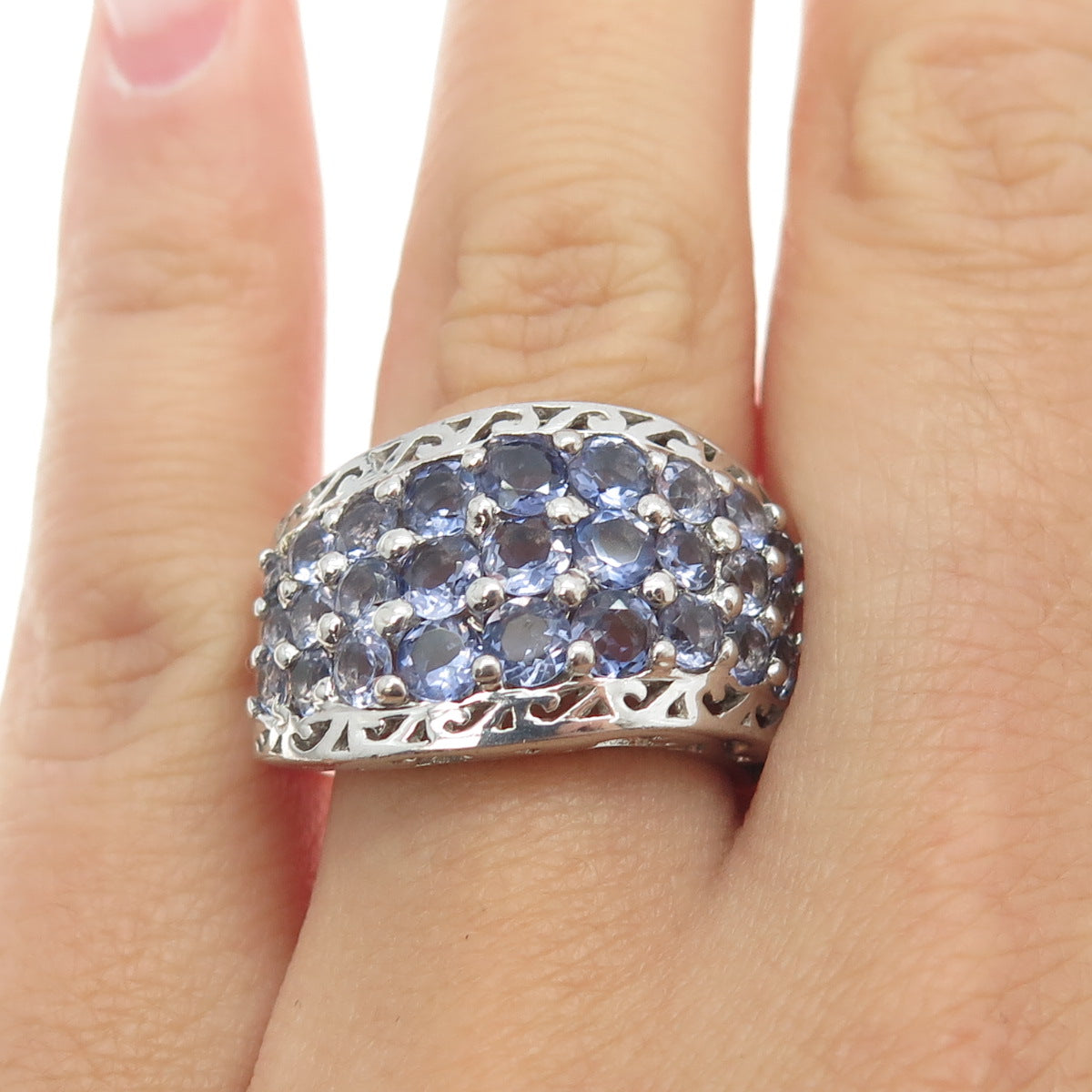 CHUCK CLEMENCY 925 Sterling Silver Real Round-Cut Iolite Cluster Ring Size 7.25