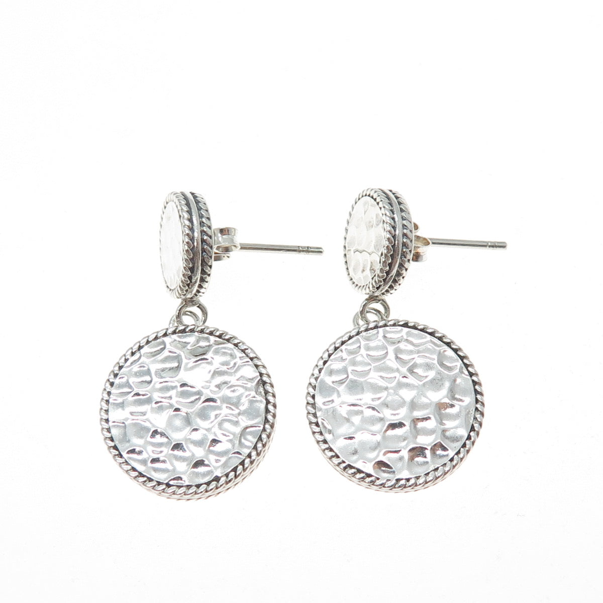 925 Sterling Silver Vintage Modernist Hammered Disc Dangle Earrings