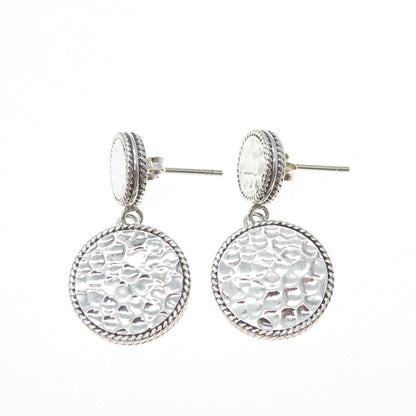 925 Sterling Silver Vintage Modernist Hammered Disc Dangle Earrings