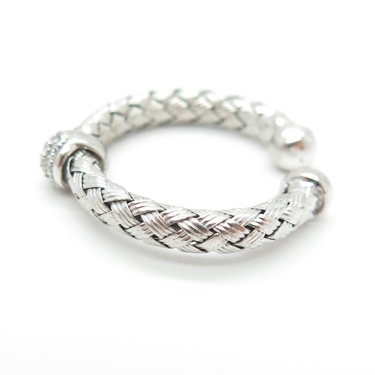 925 Sterling Silver Real Round-Cut Diamond Braided Adjustable Ring Size 4.5
