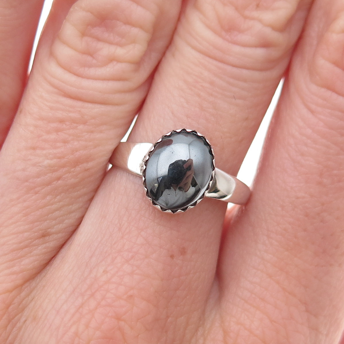 J. John Navajo Old Pawn 925 Sterling Silver Vintage Hematite Tribal Ring Size 7