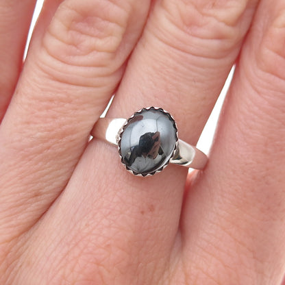 J. John Navajo Old Pawn 925 Sterling Silver Vintage Hematite Tribal Ring Size 7