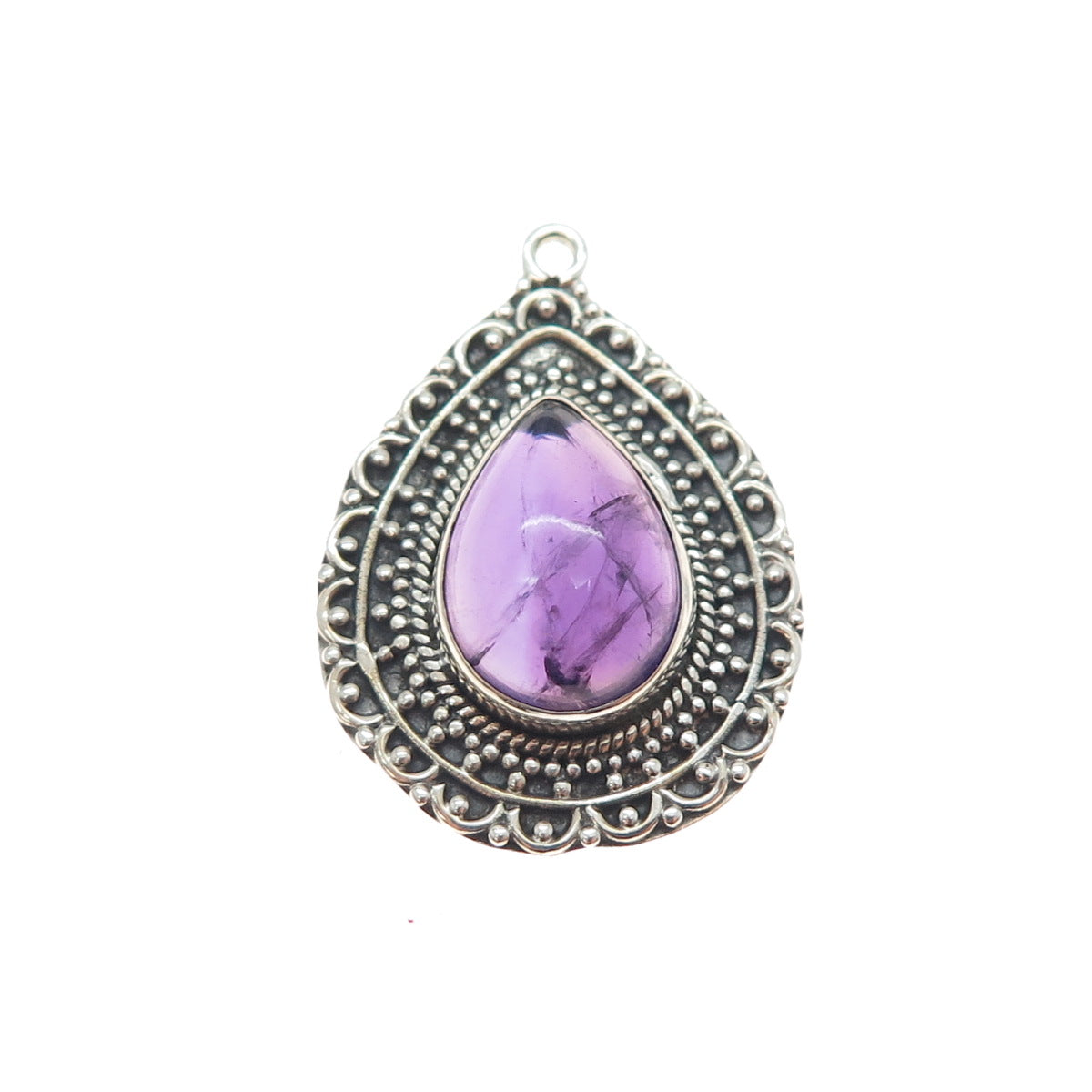 925 Sterling Silver Vintage Real Amethyst Oxidized Teardrop Charm Pendant