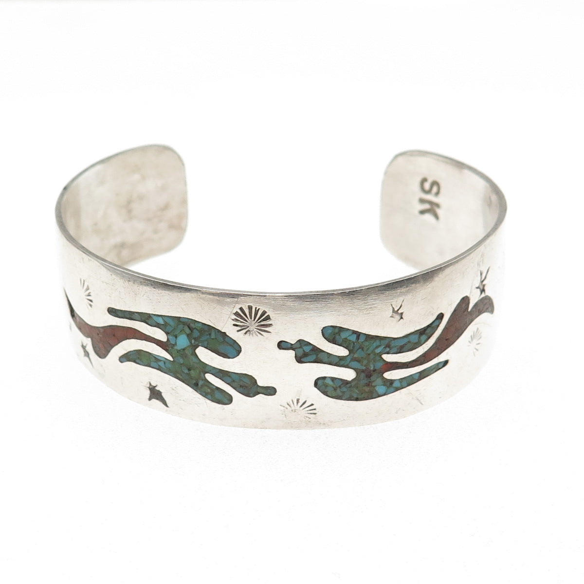 Samson Kee Navajo Old Pawn Sterling Turquoise & Coral Peyote Cuff Bracelet 6.75"