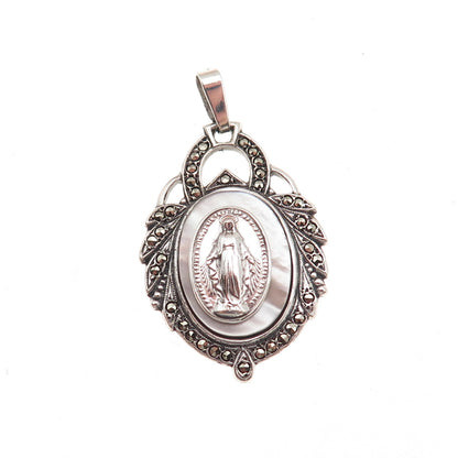 925 Sterling Silver Antique Art Deco Real MOP & Marcasite St. Mary Charm Pendant