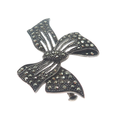 935 Silver Antique RES Germany Marcasite Bow Oxidized Brooch (missing 1 stone)