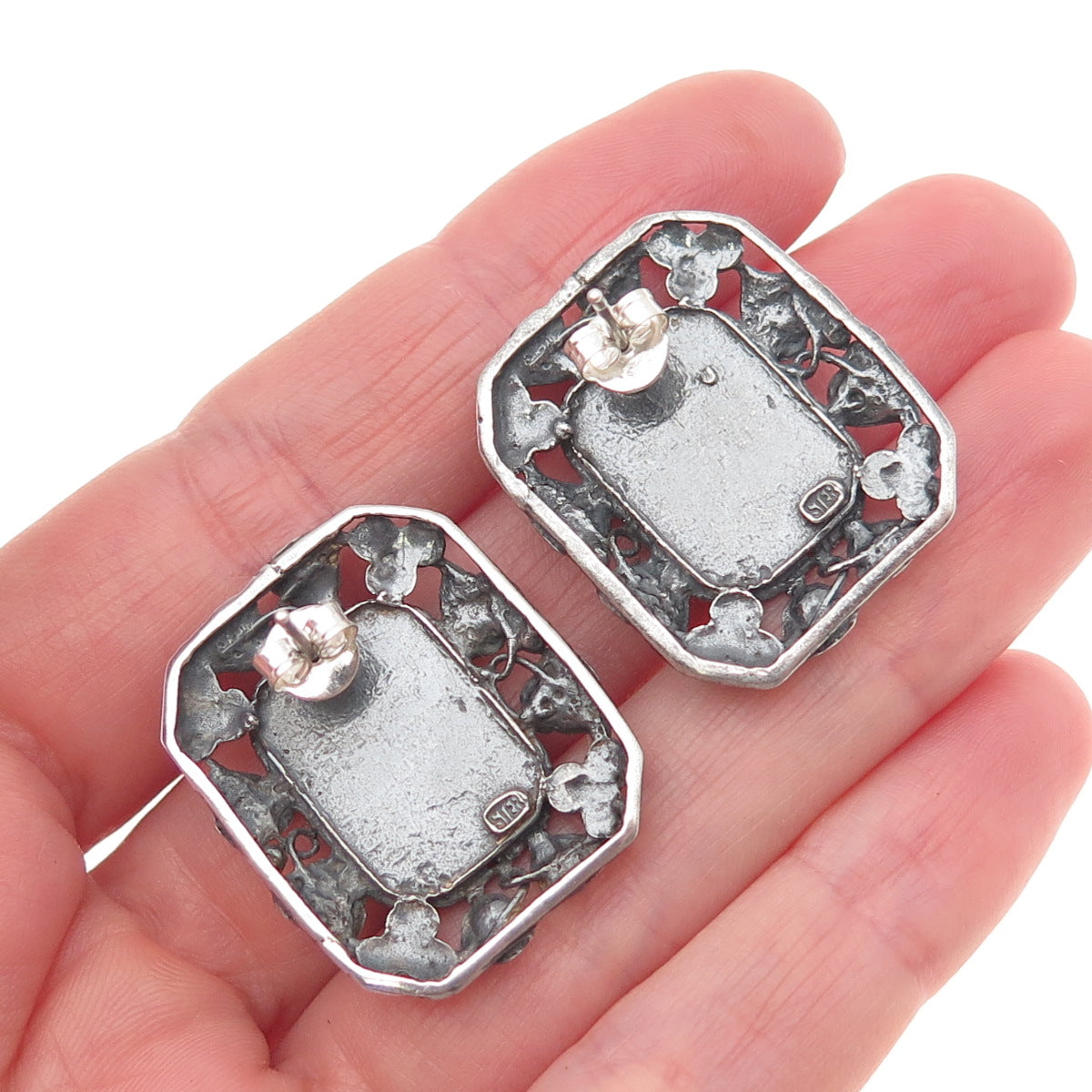 925 Sterling Silver Vintage Real MOP Floral Leaf Oxidized Earrings