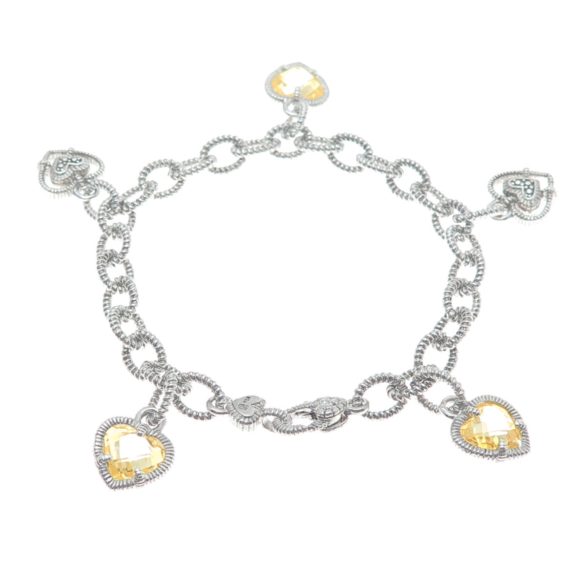 JUDITH RIPKA 925 Sterling Silver Canary C Z Heart Dangle Charm Bracelet 7"