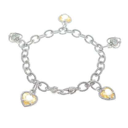JUDITH RIPKA 925 Sterling Silver Canary C Z Heart Dangle Charm Bracelet 7"