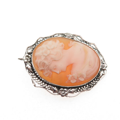 925 Sterling Silver Antique Victorian Real MOP Lady Cameo Pin Brooch / Pendant