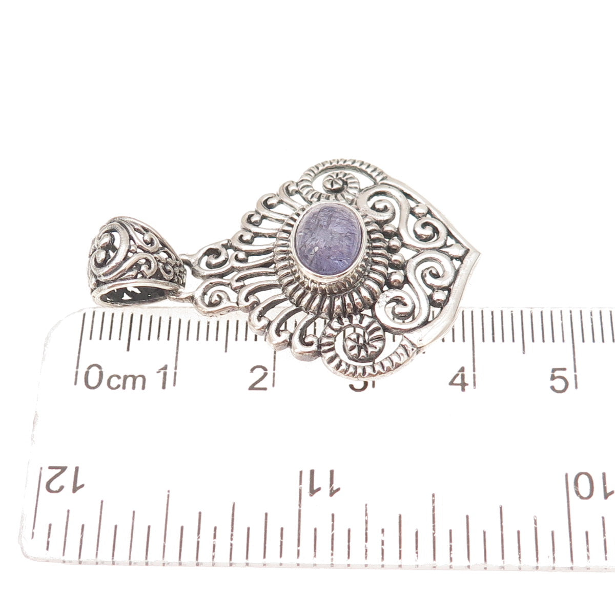 925 Sterling Silver Vintage Real Tanzanite Floral Scroll Oxidized Charm Pendant