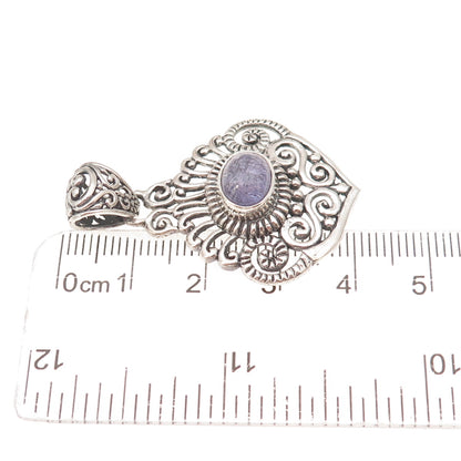 925 Sterling Silver Vintage Real Tanzanite Floral Scroll Oxidized Charm Pendant