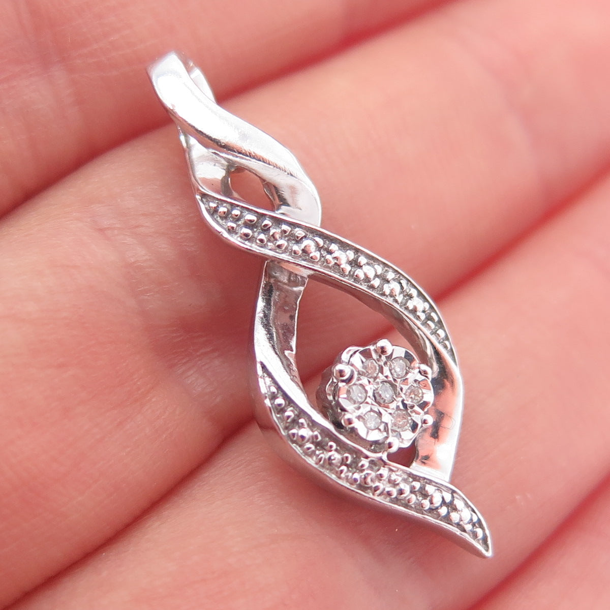 925 Sterling Silver Real Round-Cut Diamond Twisted Slide Charm Pendant