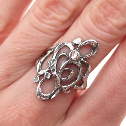 925 Sterling Silver Vintage Modernist Floral Scroll Oxidized Ring Size 6.75