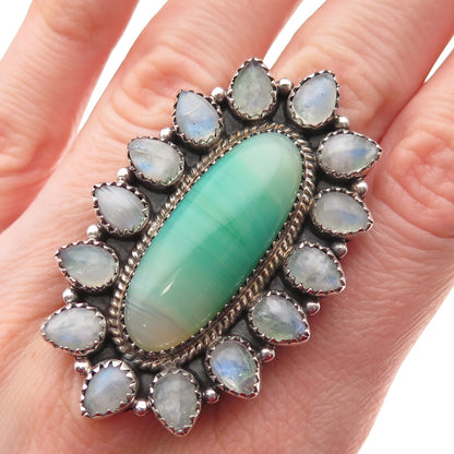 925 Sterling Silver Vintage Real Agate & Moonstone Statement Ring Size 7.25