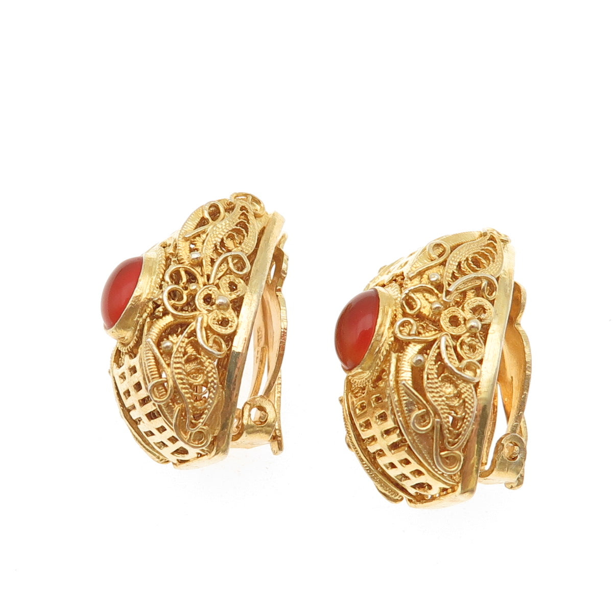 925 Sterling Silver Gold Plated Vintage Real Carnelian Clip On Earrings