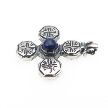 925 Sterling Silver Vintage Real Lapis Lazuli Cross Oxidized Pendant