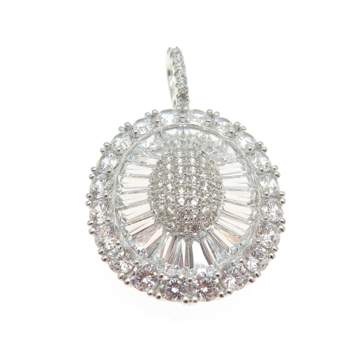 925 Sterling Silver Tapered Baguette & Round-Cut C Z Sparkle Oval Pendant