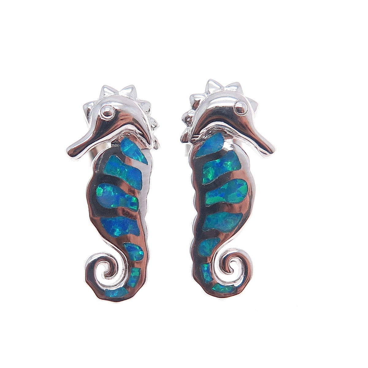 925 Sterling Silver Real Opal Seahorse Earrings