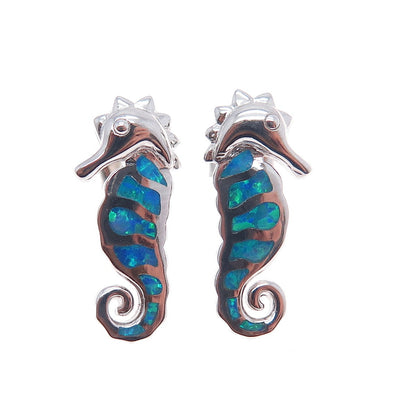 925 Sterling Silver Real Opal Seahorse Earrings