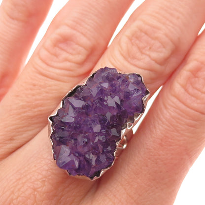 925 Sterling Silver Vintage Real Amethyst Modernist Oxidized Ring Size 8.5