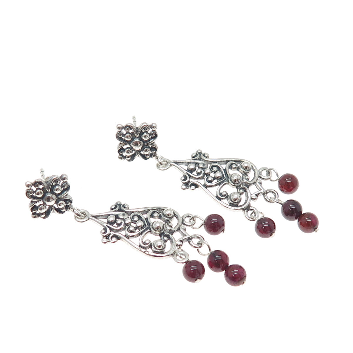 925 Sterling Silver Vintage Tourmaline Flower Beaded Oxidized Dangle Earrings